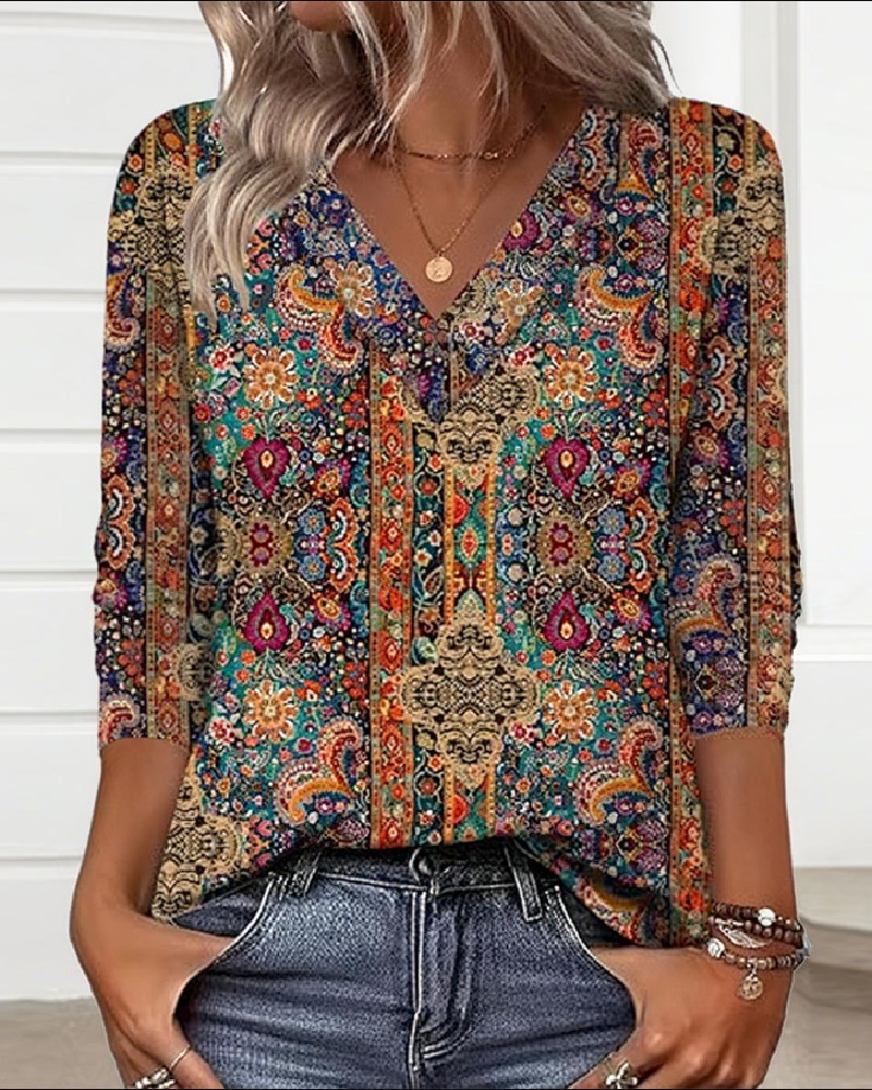 Clara | Retro Printed Blouse V-Neck